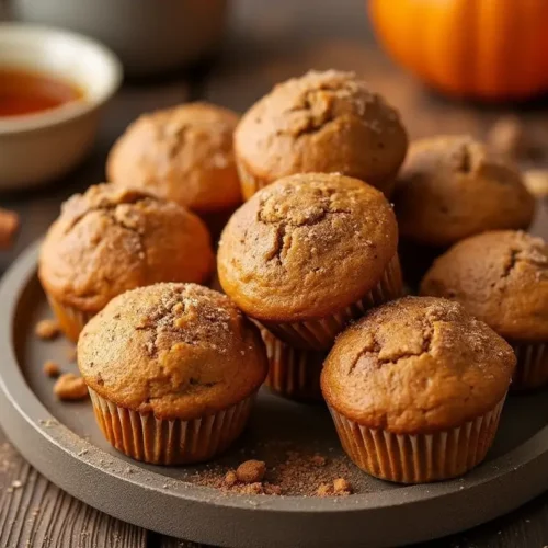 A plate of freshly baked protein pumpkin muffins surrounded by ingredients like pumpkin puree, cinnamon sticks, and a drizzle of maple syrup.