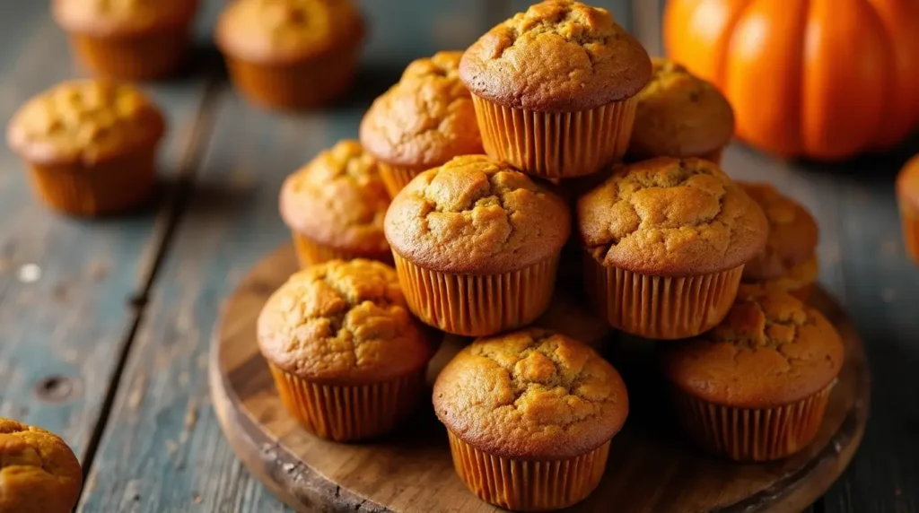 A plate of freshly baked protein pumpkin muffins surrounded by ingredients like pumpkin puree, cinnamon sticks, and a drizzle of maple syrup.