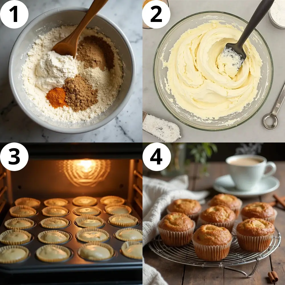 Step-by-step process of making protein pumpkin muffins, showing mixing bowls, batter being stirred, a muffin tray filled with batter, and muffins baking in the oven.