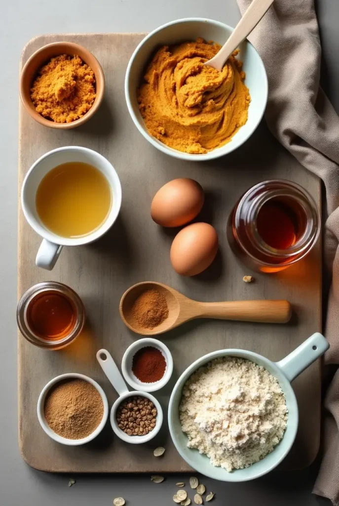 Ingredients for protein pumpkin muffins neatly arranged on a countertop, including pumpkin puree, protein powder, spices, eggs, and almond flour.