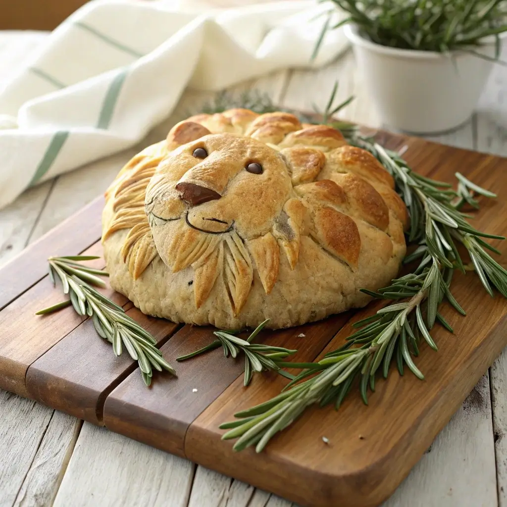 A freshly baked lion-shaped bread with rosemary whiskers on a rustic wooden table, showcasing its golden-brown crust and soft dough.