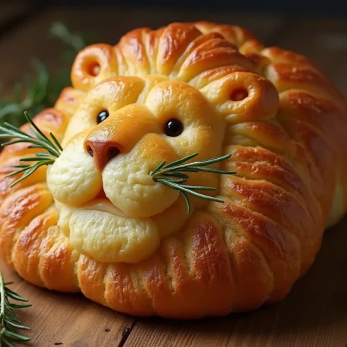 freshly baked lion-shaped bread with rosemary whiskers on a rustic wooden table, showcasing its golden-brown crust and soft dough.