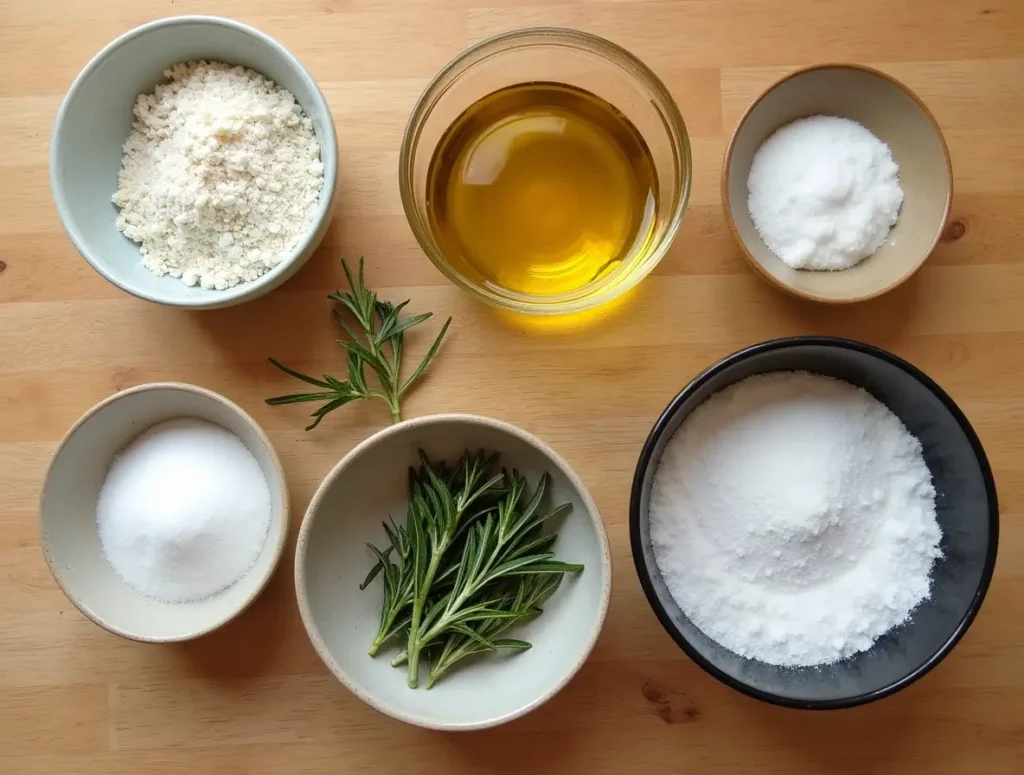 Ingredients for Lion Bread, including flour, yeast, olive oil, rosemary, sugar, salt, and water arranged on a rustic wooden surface.