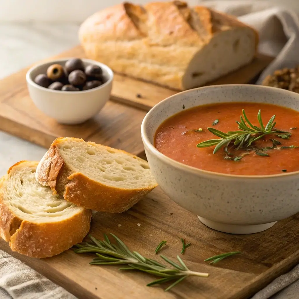 Slices of lion-shaped bread served with tomato soup and olives, arranged on a rustic table with rosemary garnish.