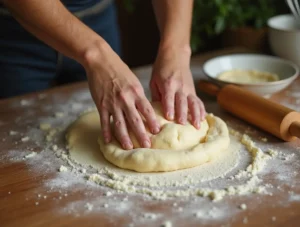 A person kneading dough for lion-shaped bread on a kitchen counter with rolling pins and bowls nearby, showcasing the preparation process.