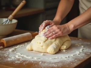 A person kneading dough for lion-shaped bread on a kitchen counter with rolling pins and bowls nearby, showcasing the preparation process.