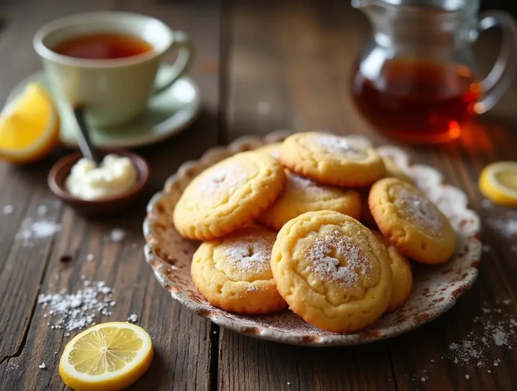 A batch of golden-brown Madeline cookies arranged elegantly on a wooden board with a dusting of powdered sugar, surrounded by tea, cream, and lemon slices.