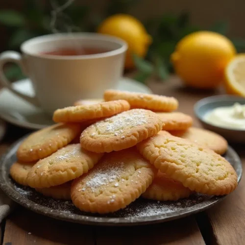 Golden-brown Madeline cookies dusted with powdered sugar, arranged on a rustic wooden table alongside a cup of tea, a small dish of cream, and lemon slices.