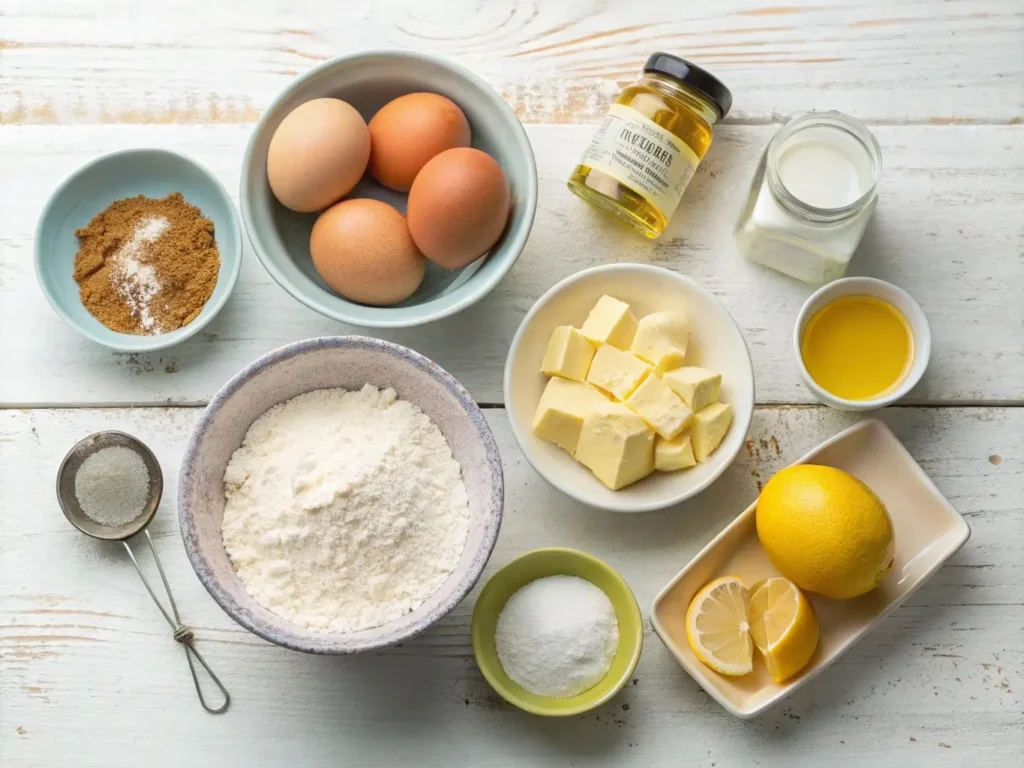 Flat-lay of ingredients for Madeline cookies, including flour, sugar, eggs, cream, vanilla, and lemon zest on a light wooden surface.