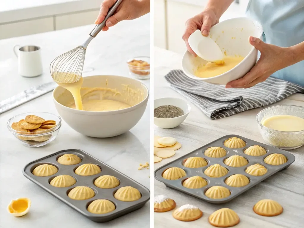 Step-by-step process of baking Madeline cookies, including filling molds, buttering pans, and removing baked cookies in a bright kitchen