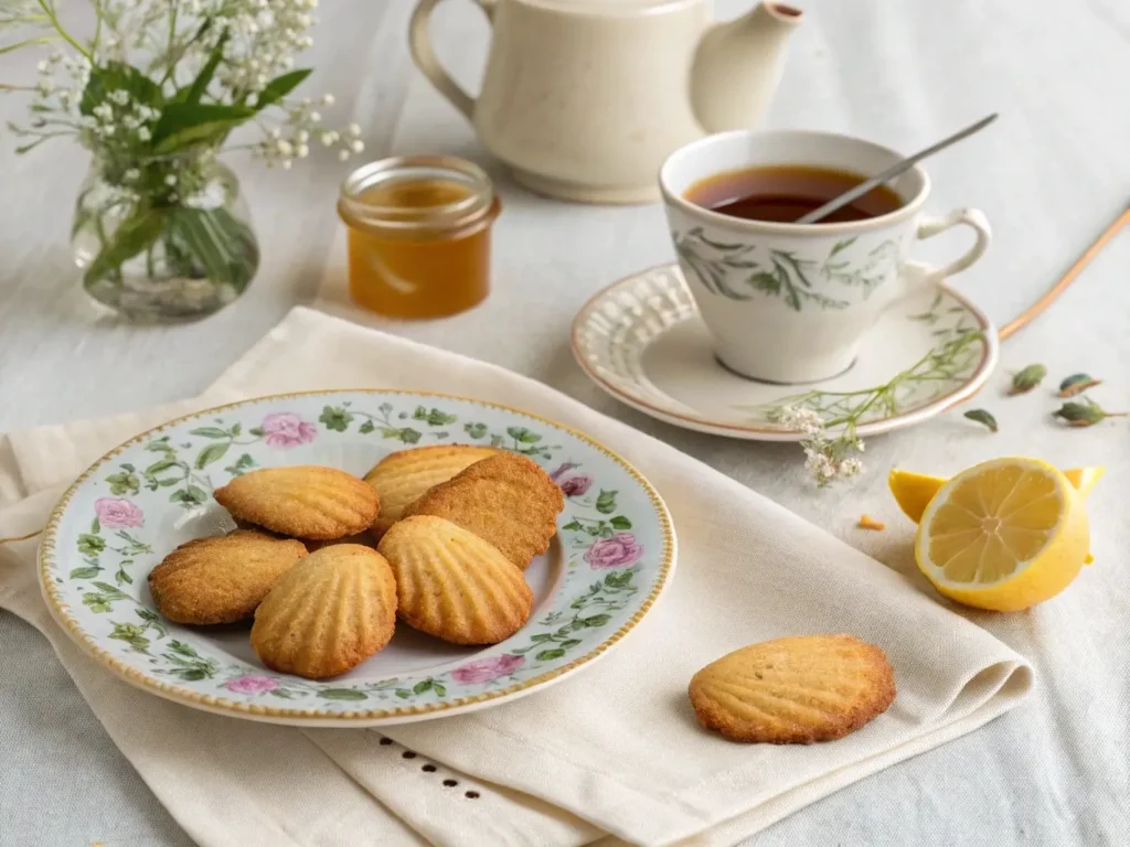 Madeline cookies on a porcelain plate served with tea, honey, and a slice of lemon on a sophisticated setup.