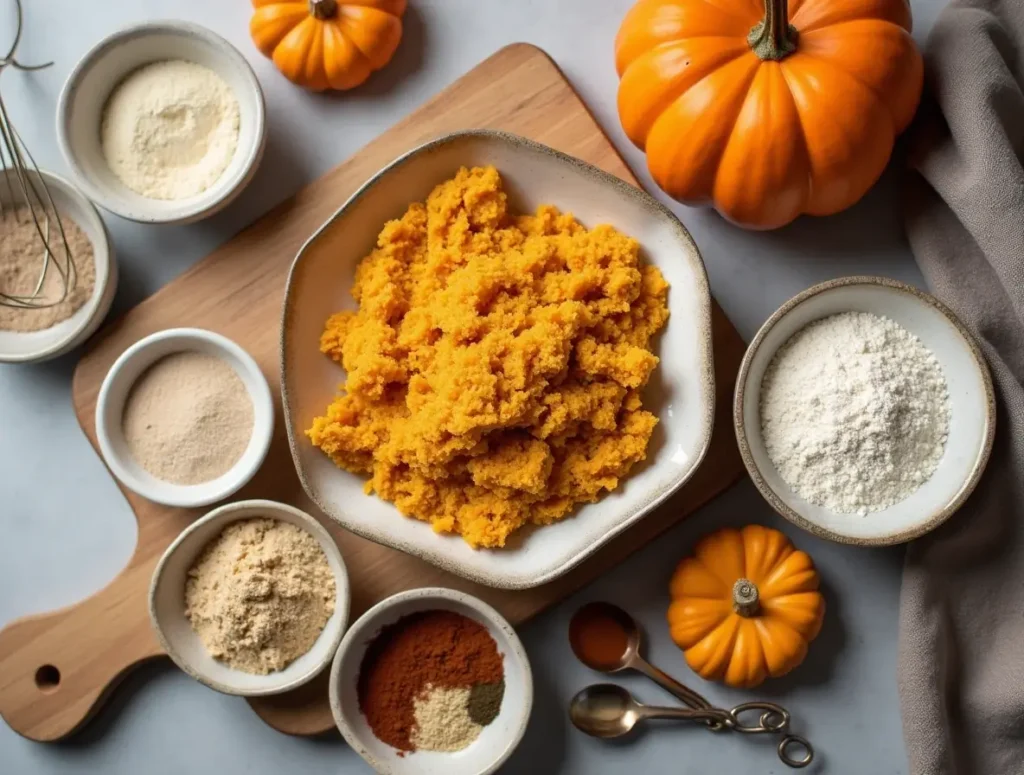 A kitchen counter with all ingredients prepped, including measured pumpkin puree, protein powder, and baking utensils.