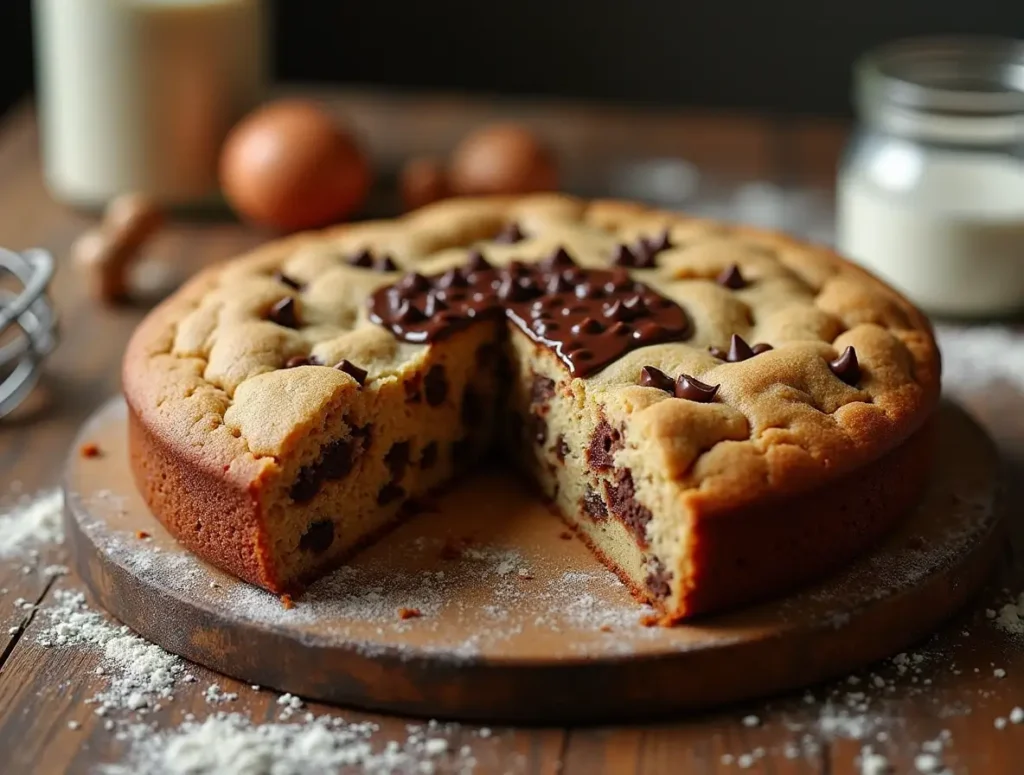 A freshly baked Cookie Cakes with a golden-brown crust, gooey chocolate chips, and a soft, chewy center, placed on a wooden table.
